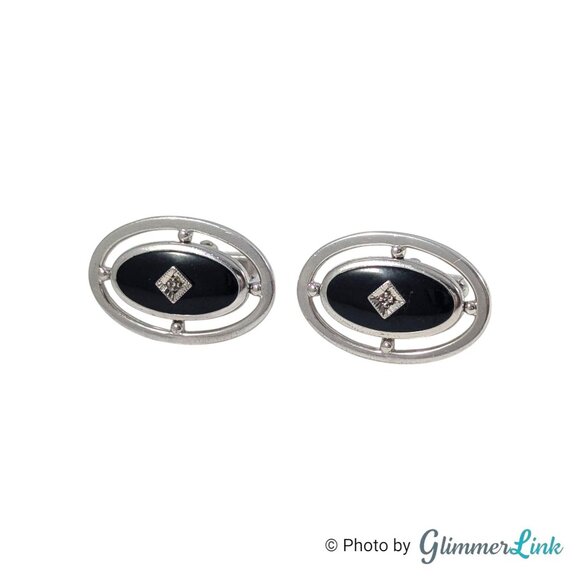 Anson Silver Tone Black Oval Cufflinks & Tie Bar Set with Diamond Accent, 1970s - Picture 3 of 11